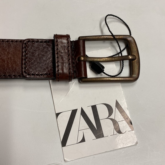 NWT. Zara Man Brown Topstitched Leather Belt. Size 34. - Picture 6 of 14